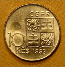 Lícová strana československých desetikorun 1993
